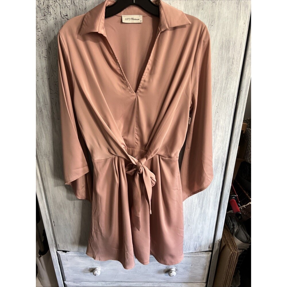 6873 Platinum Collared Neck Flared Sleeve Dress Pink Blush Small Boho Business